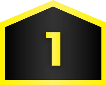 A yellow number 1 centered on a black background with a yellow border shaped like a house.