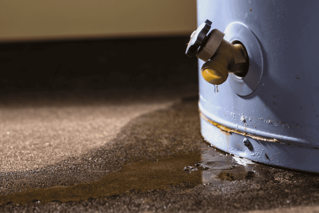 Close-up of a water heater with a leaking valve and rust, causing water to pool on the floor.