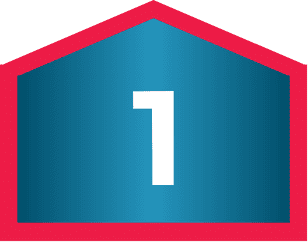 Pentagon-shaped financing plan icon with a red border, blue center, and the white number 1 in the middle.