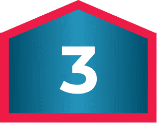 A white number 3 centered on a blue pentagonal badge with a red border, representing financing options.